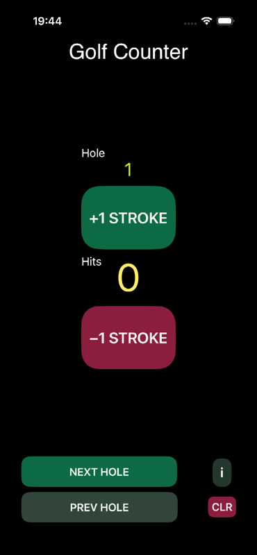 iPhone Golf Counter screen with stroke controls and hole navigation